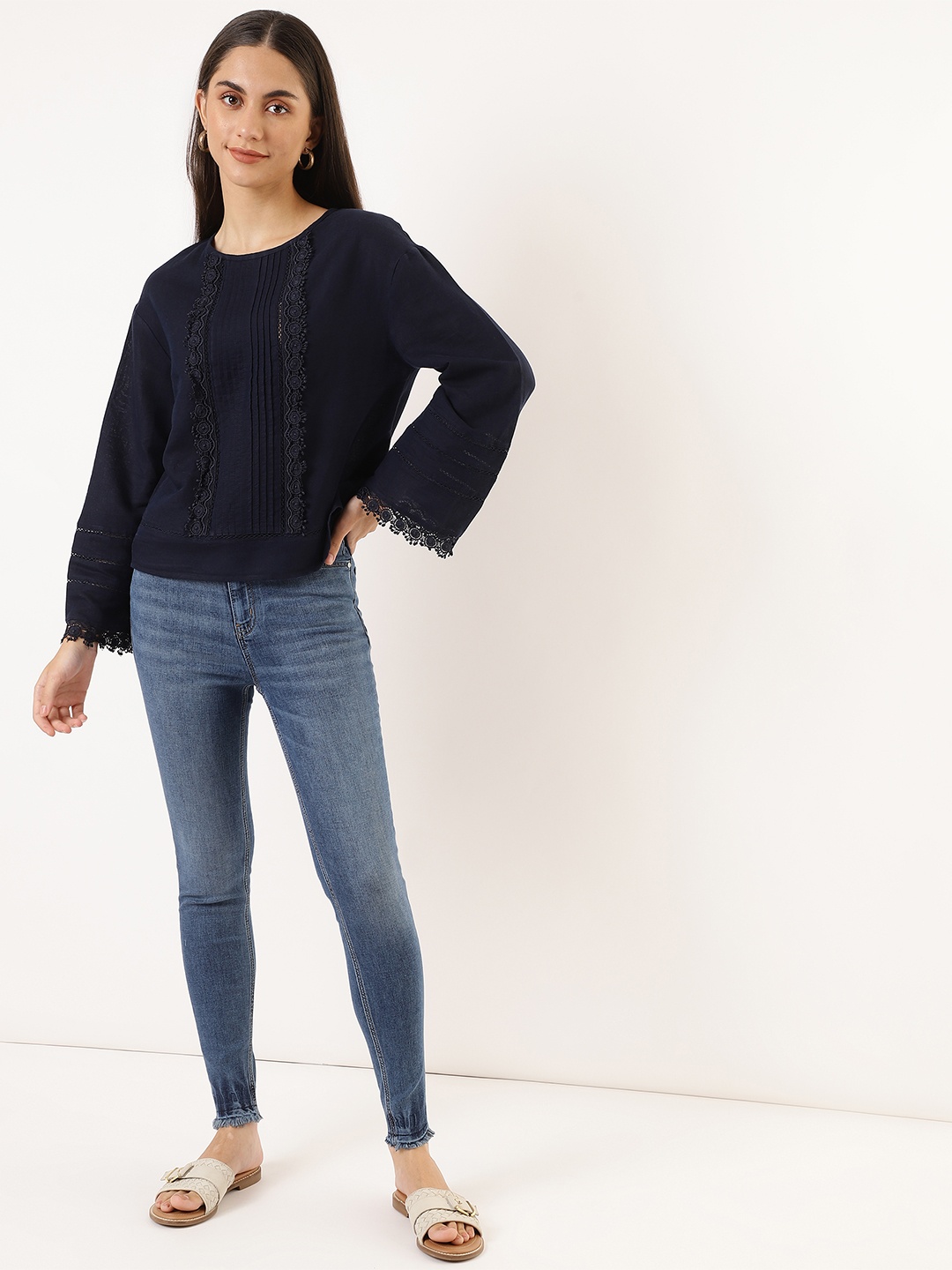 

Marks & Spencer Women Solid Lace Top, Navy blue