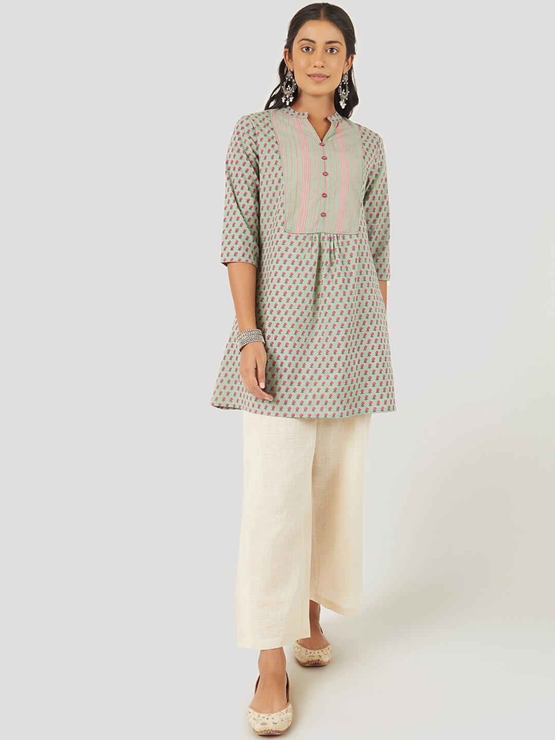 

EK BY EKTA KAPOOR Women Green Ethnic Motifs Printed Cotton Kurta With Contrast Yoke