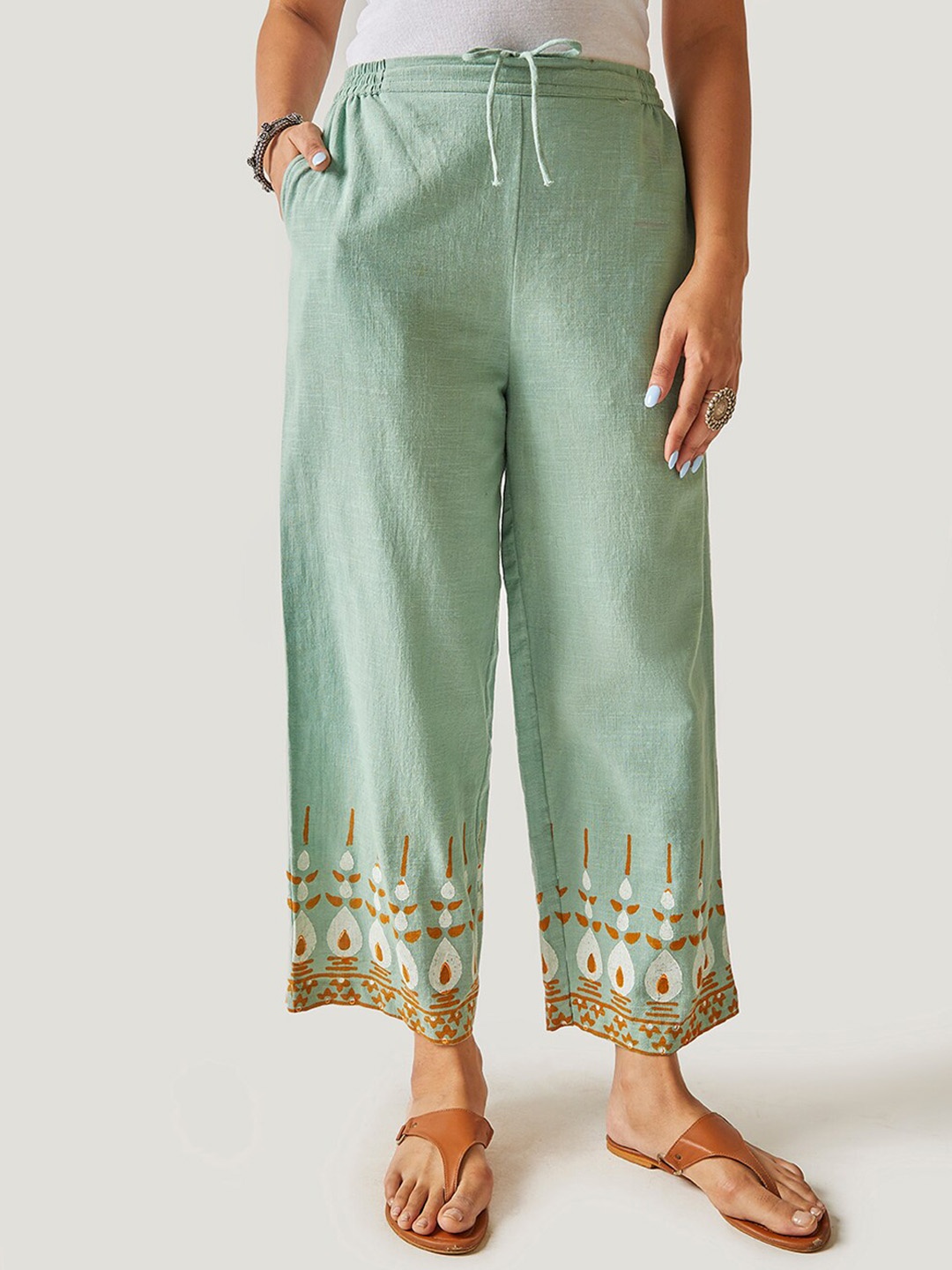 

EK BY EKTA KAPOOR Women Green Ethnic Motifs Printed Straight Fit Cotton Trousers