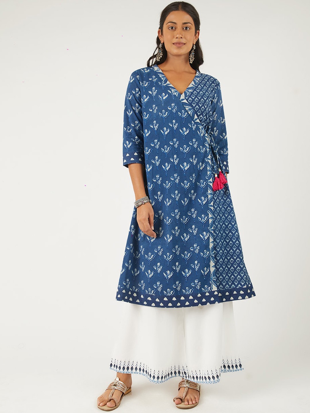 

EK BY EKTA KAPOOR Women Blue Hand Block Printed Cotton Angarakha Style Kurta