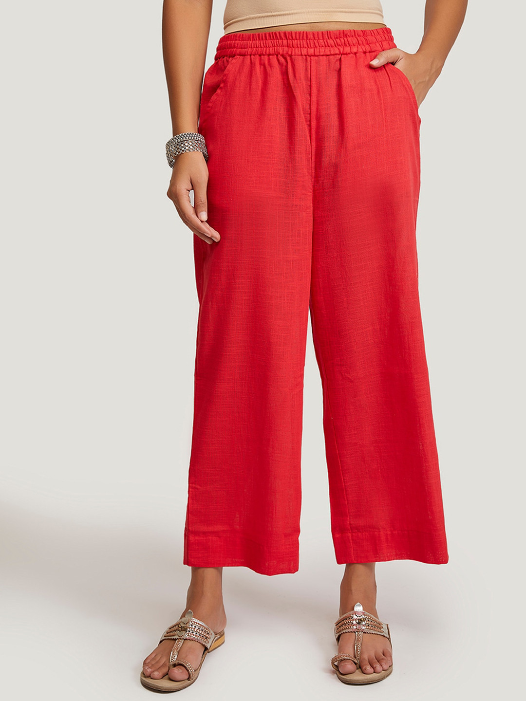 

EK BY EKTA KAPOOR Women Red Straight Fit Solid Cotton Parallel Trousers