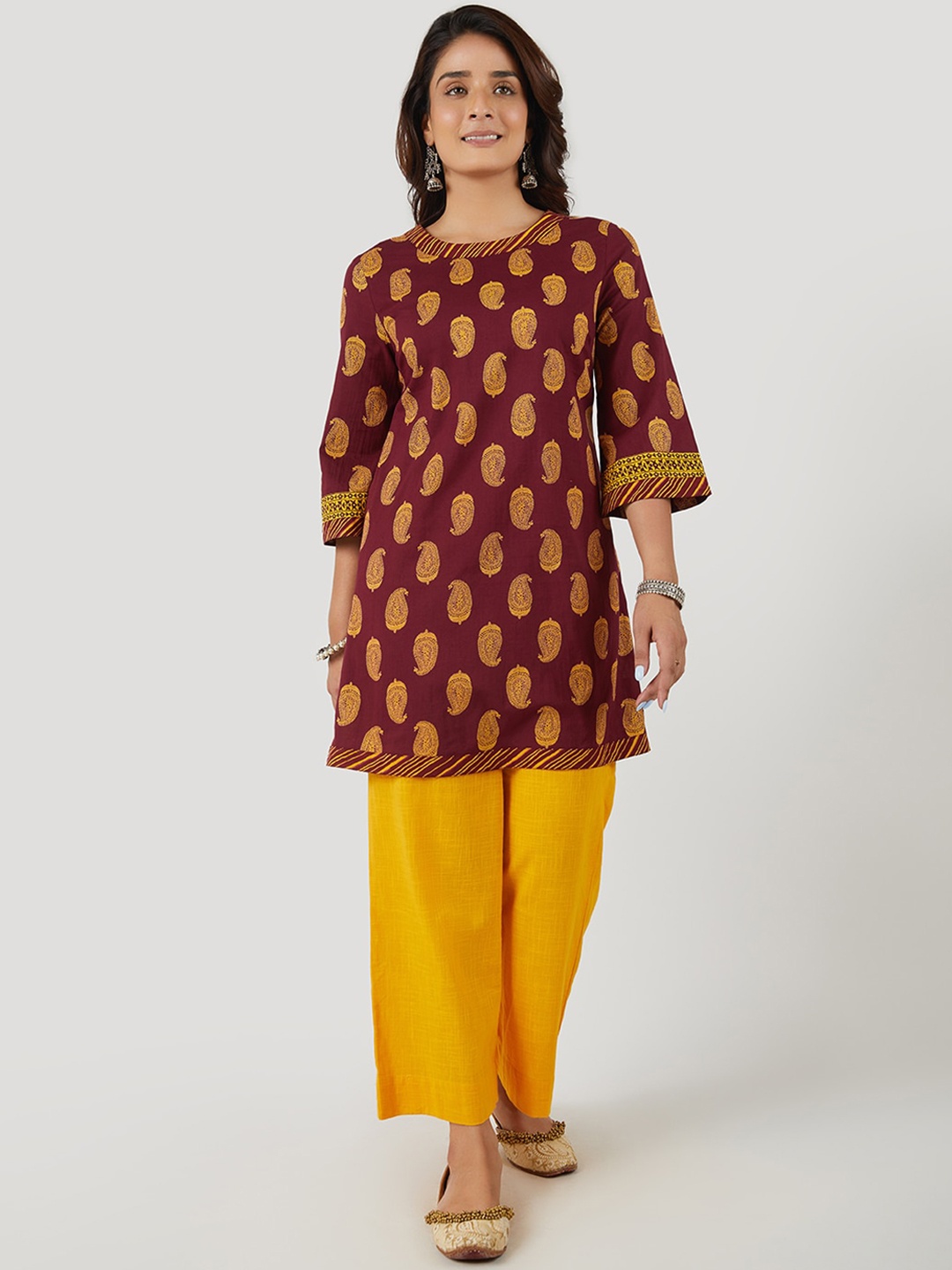

EK BY EKTA KAPOOR Women Maroon Ethnic Motifs Printed Cotton A-Line Short Kurta
