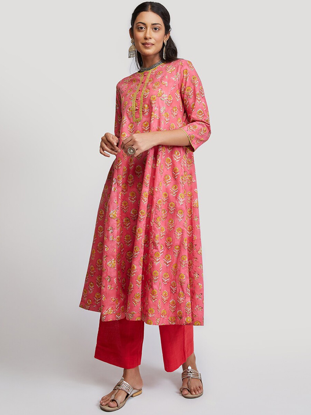 

EK BY EKTA KAPOOR Women Pink Ethnic Motifs Printed Cotton Kalidar Kurta