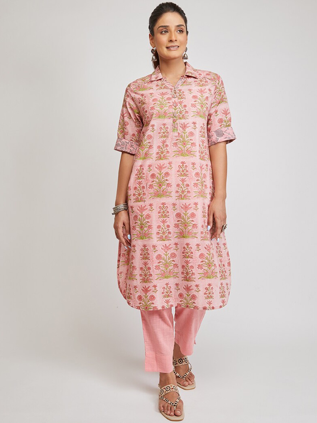 

EK BY EKTA KAPOOR Women Hand Block Printed Shirt Style Cotton Kurta, Pink