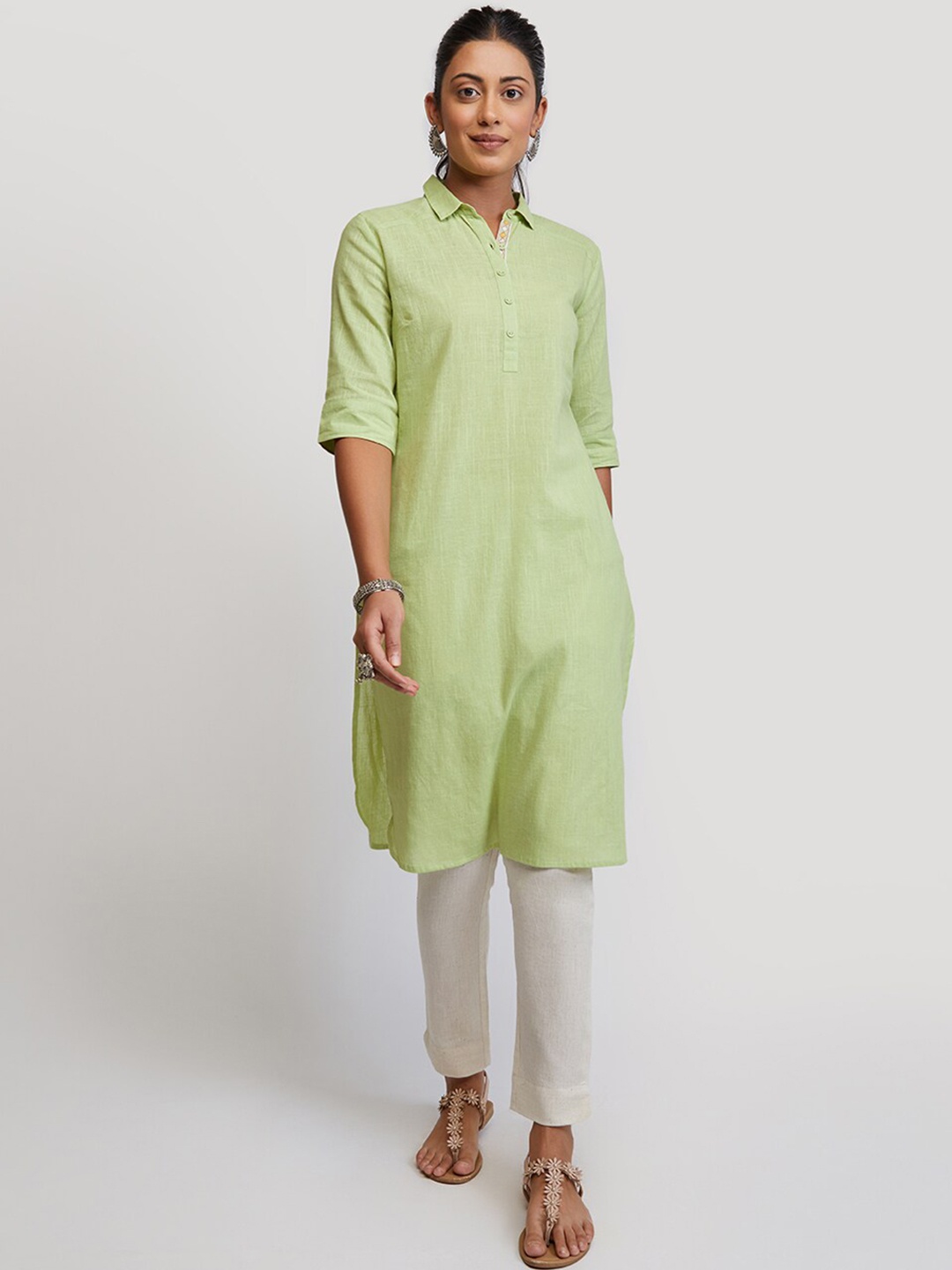 

EK BY EKTA KAPOOR Women Olive Shirt Style Pure Cotton Kurta, Green