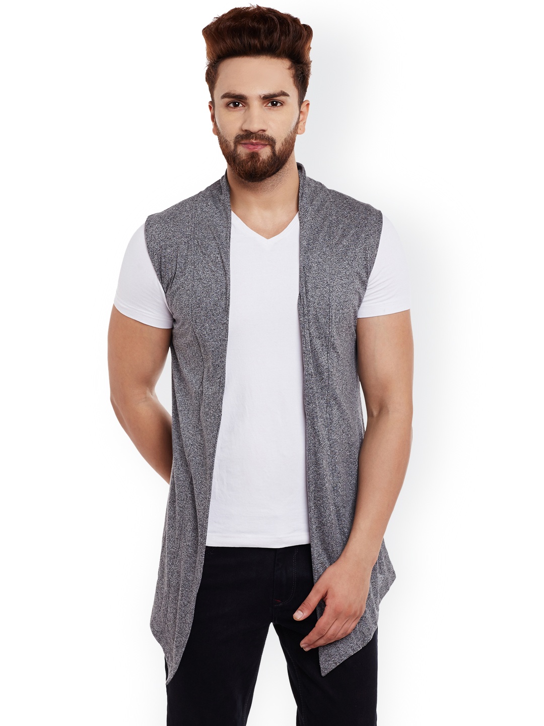 

CHILL WINSTON Men Charcoal Grey Solid Open Front Sleeveless Jacket