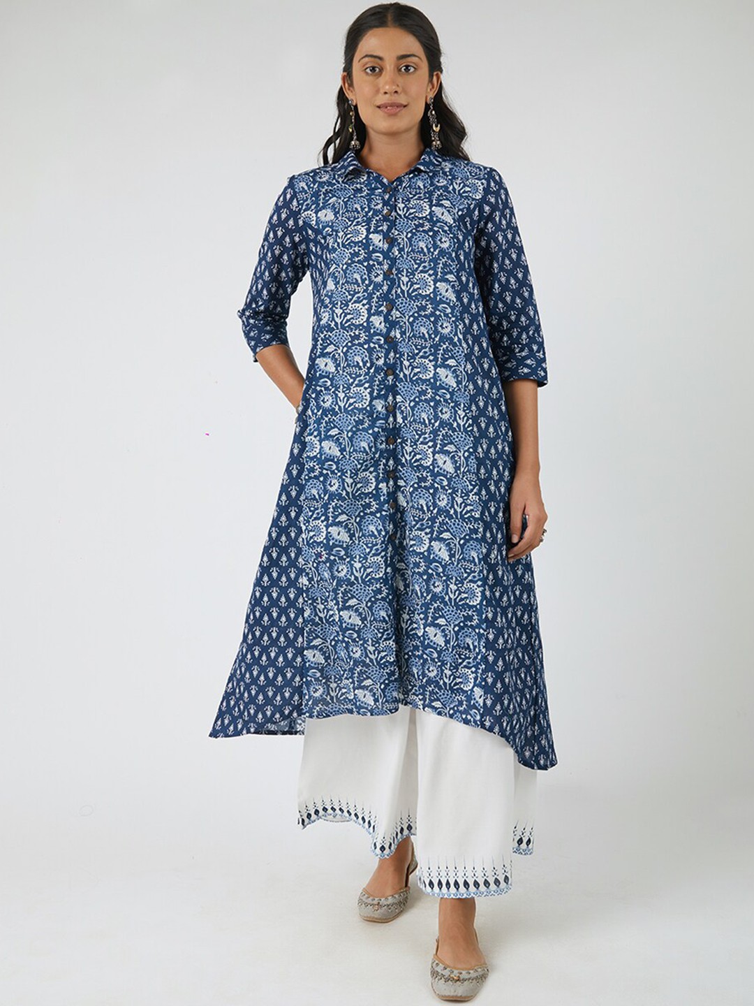 

EK BY EKTA KAPOOR Women Blue Printed Shirt Style Cotton Kalidar Kurta