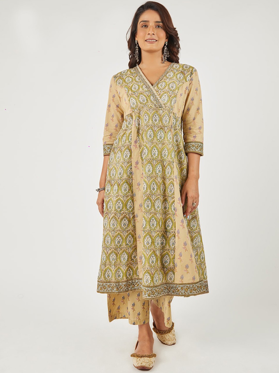 

EK BY EKTA KAPOOR Women Green Block Printed Cotton Anarkali Kurta
