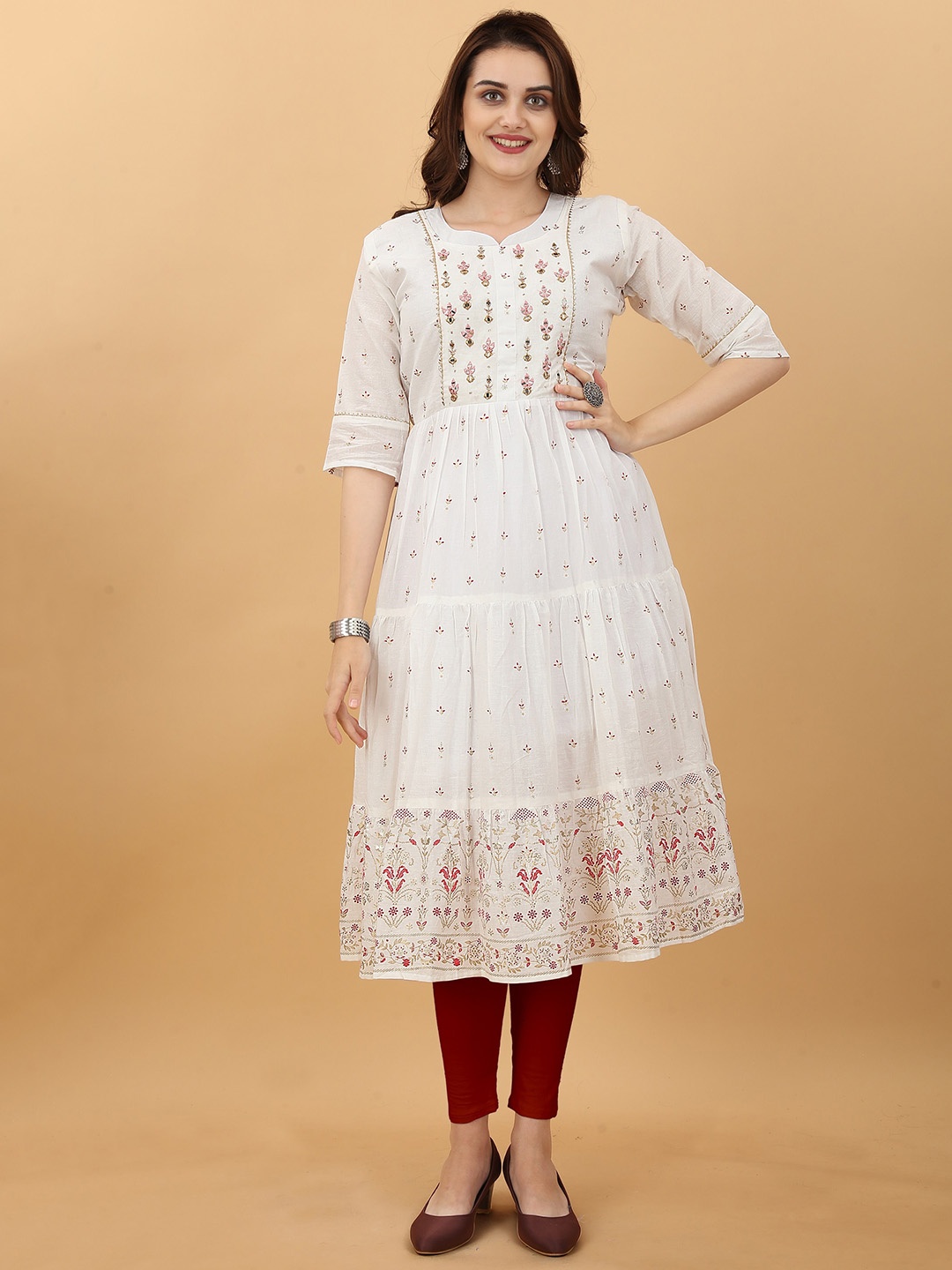 

APPLIX STYLE Women White & Maroon Ethnic Motifs Gotta Patti Floral Anarkali Kurta