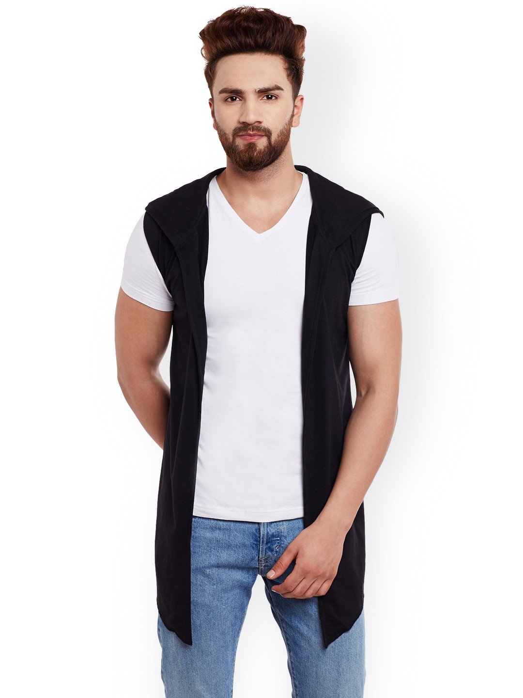 

CHILL WINSTON Men Black Solid Open Front Hooded Jacket