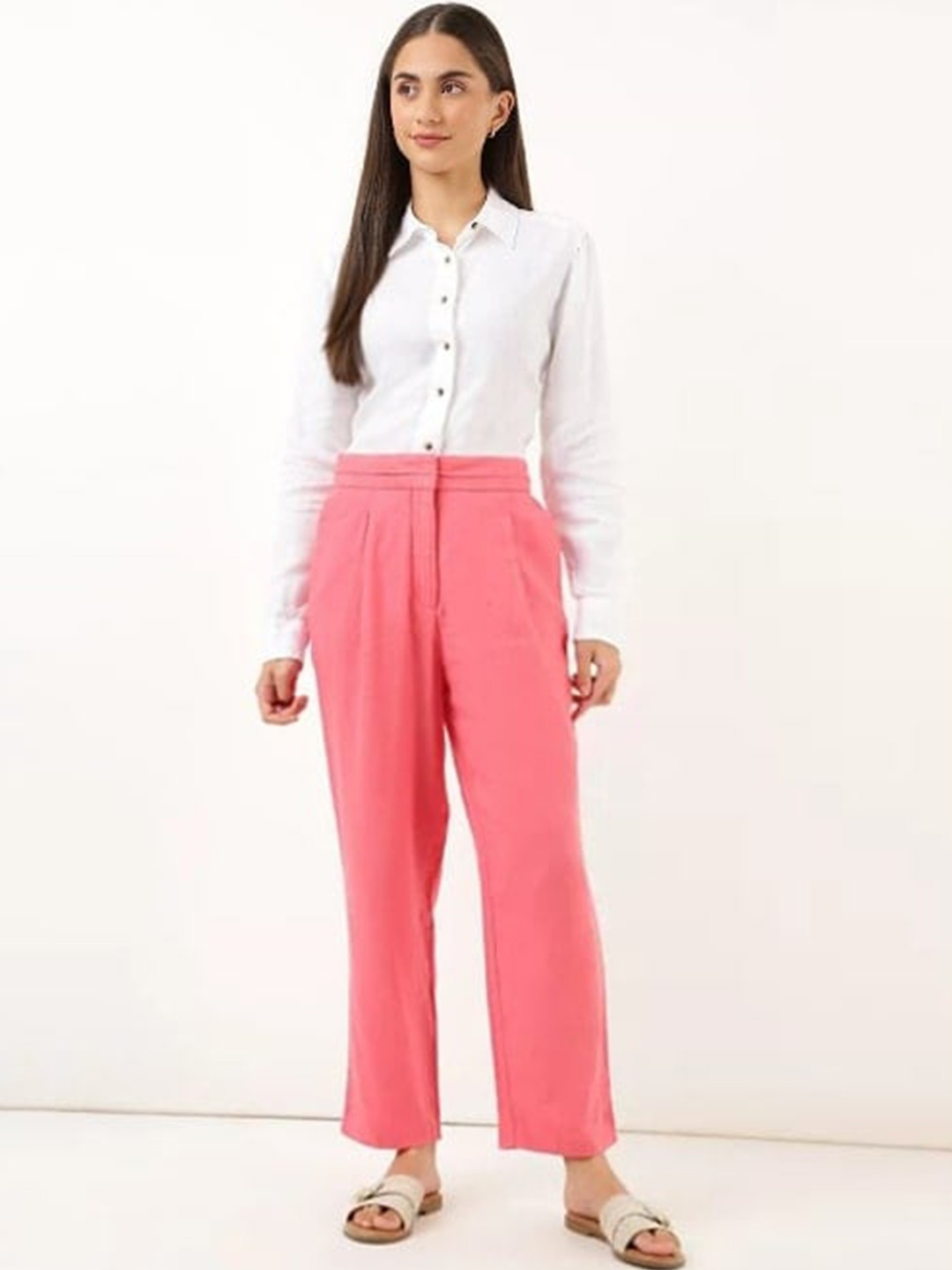 Marks & Spencer Women Coral Tapered Fit High-Rise Pleated Trousers