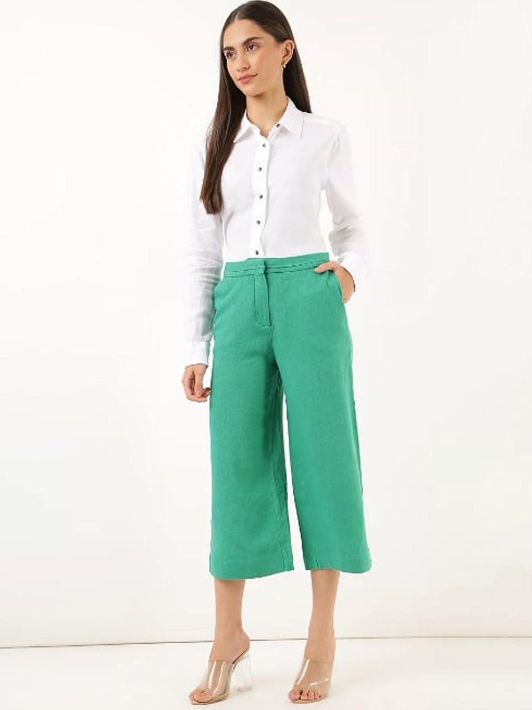 

Marks & Spencer Women Green High-Rise Trousers