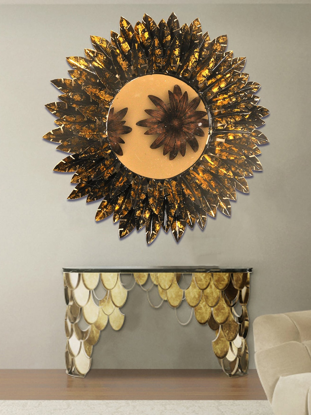 

SHREE KALA HOME DECOR Gold-Toned & Black Wall Mirror