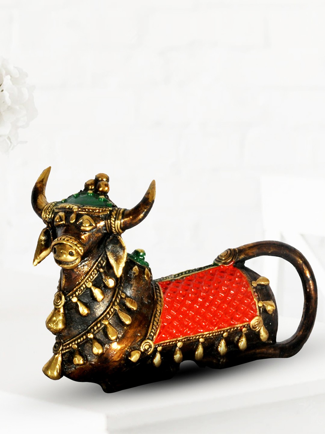 

SHREE KALA HOME DECOR Red Dhokra Art Brass Antique Look Nandi Showpiece, Bronze