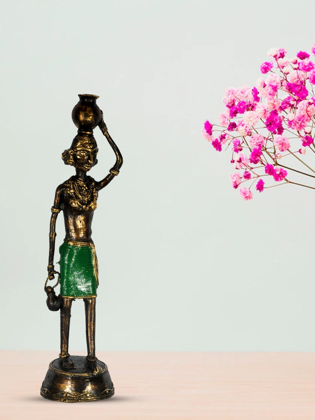 SHREE KALA HOME DECOR Bronze & Green Life Of A Tribal Brass Statue