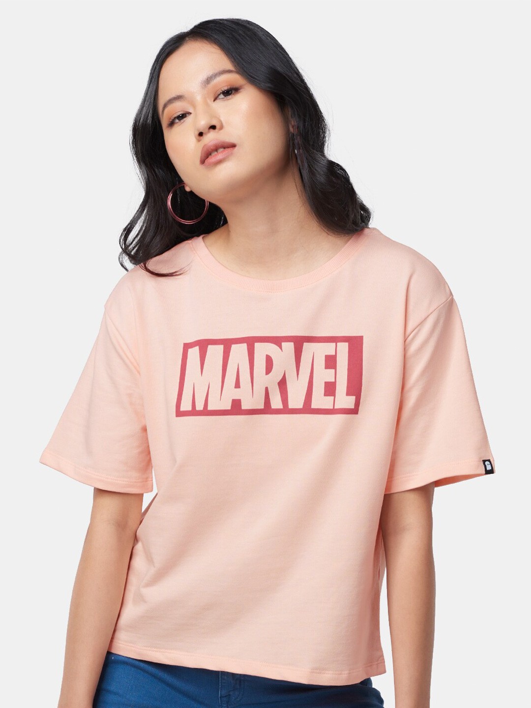 

The Souled Store Women Pink & Red Cotton Marvel Printed Oversized T-shirt