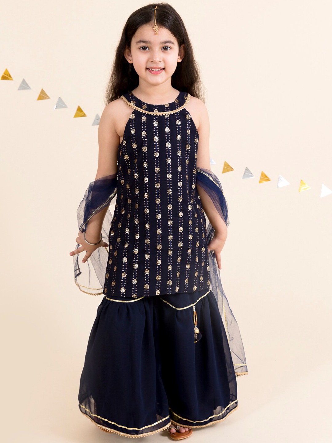 

pspeaches Girls Floral Embroidered Sequinned Kurta with Sharara & Dupatta, Navy blue