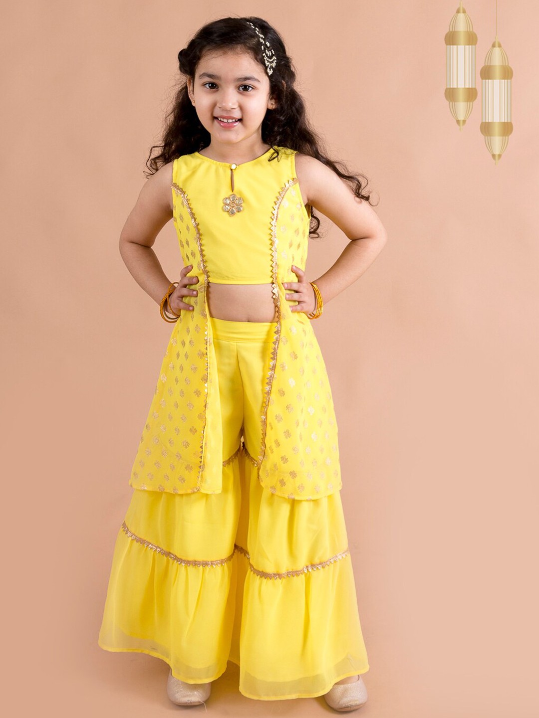 

pspeaches Girls Printed Empire Kurti with Sharara, Yellow