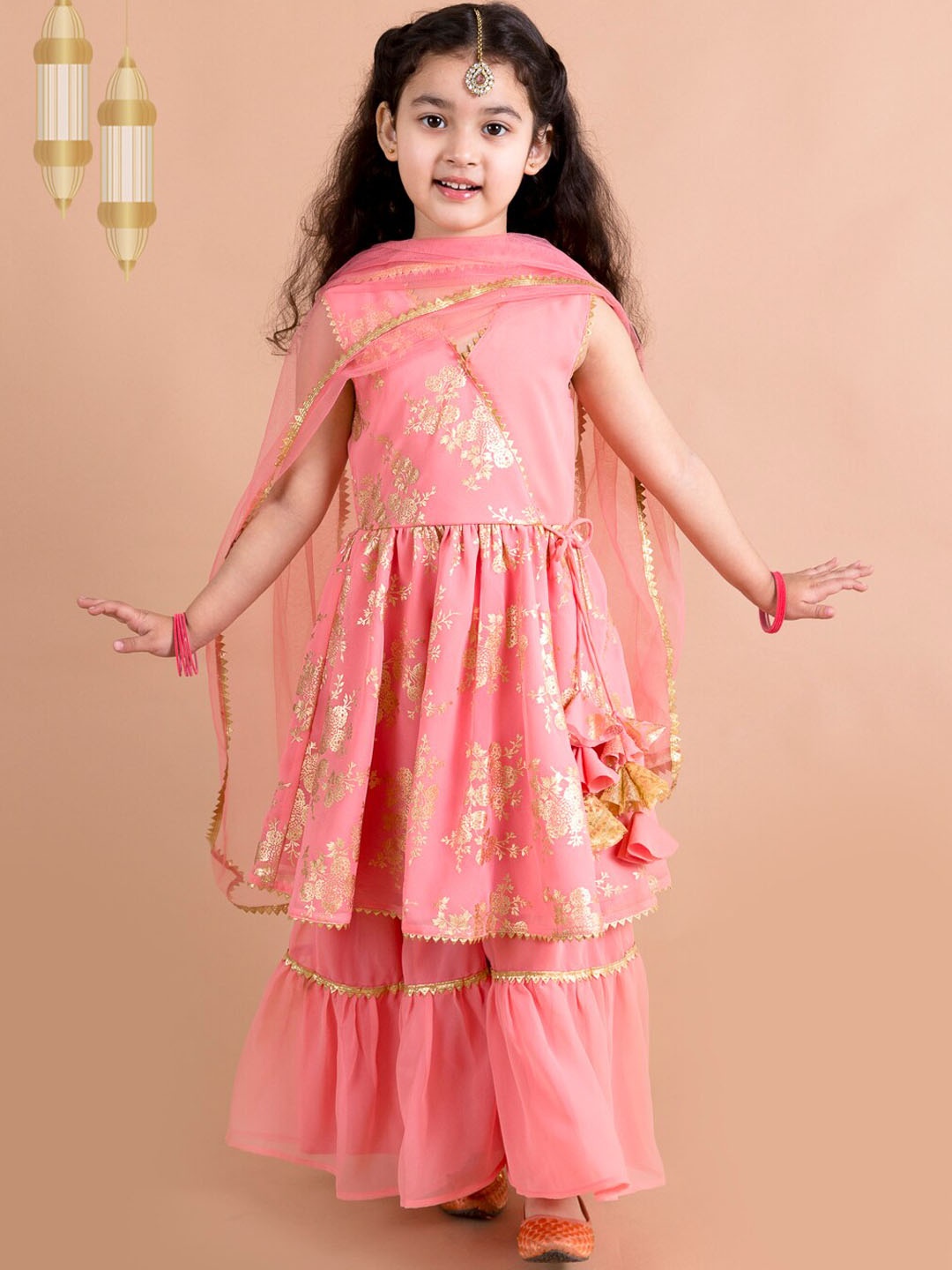 

pspeaches Girls Floral Printed Angrakha Gotta Patti Kurta with Sharara & Dupatta, Peach