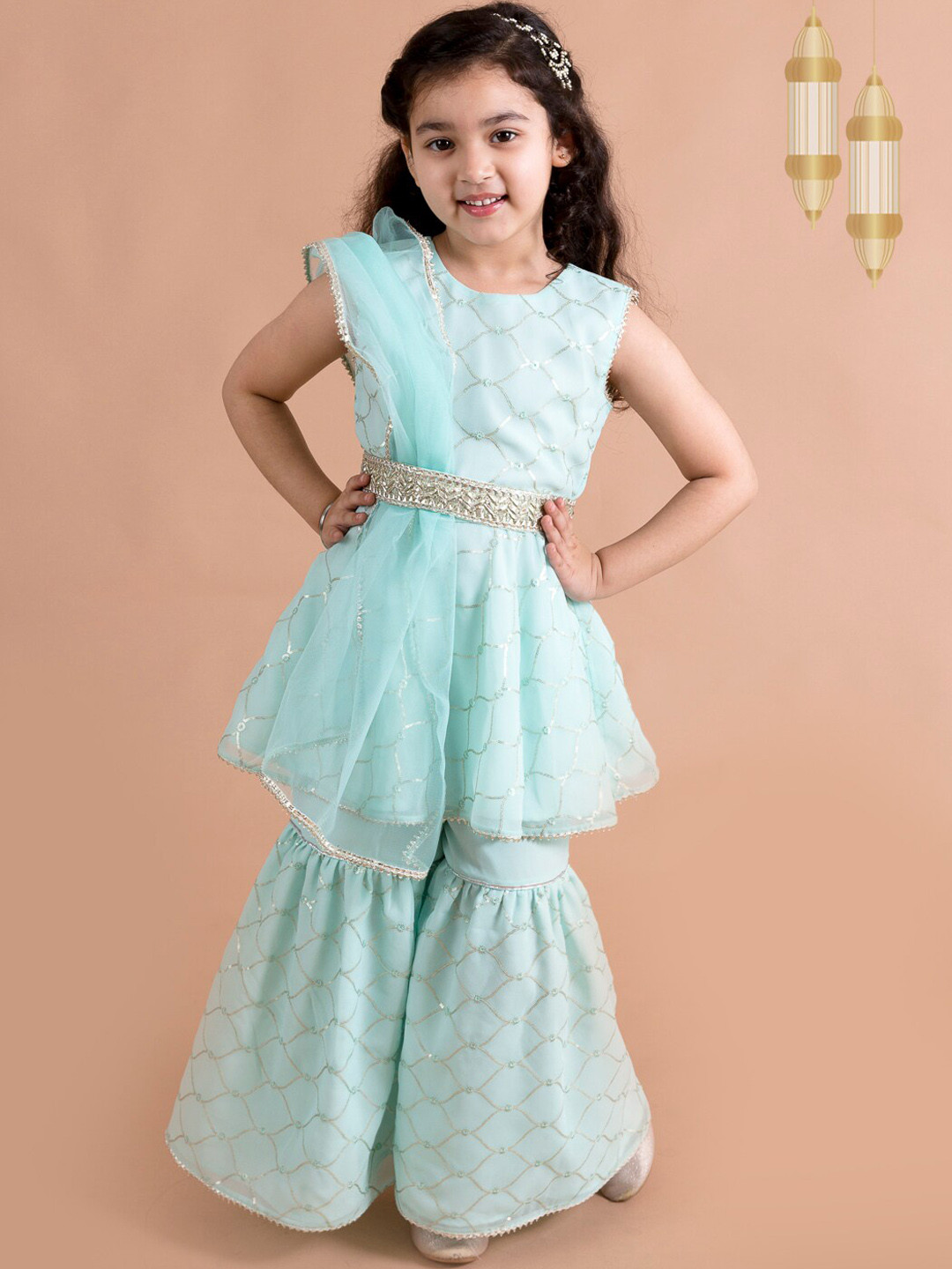 

pspeaches Girls Ethnic Motifs Embroidered Layered Gotta Patti Kurta Set, Blue