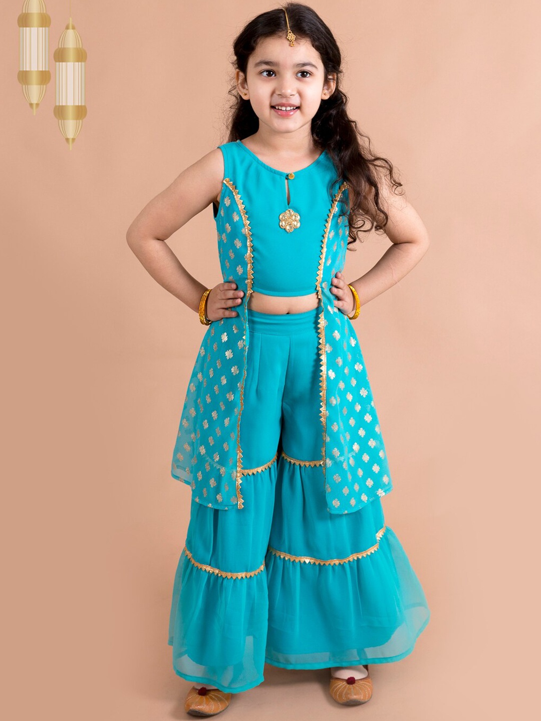 

pspeaches Girls High Slit Kurti with Skirt, Turquoise blue