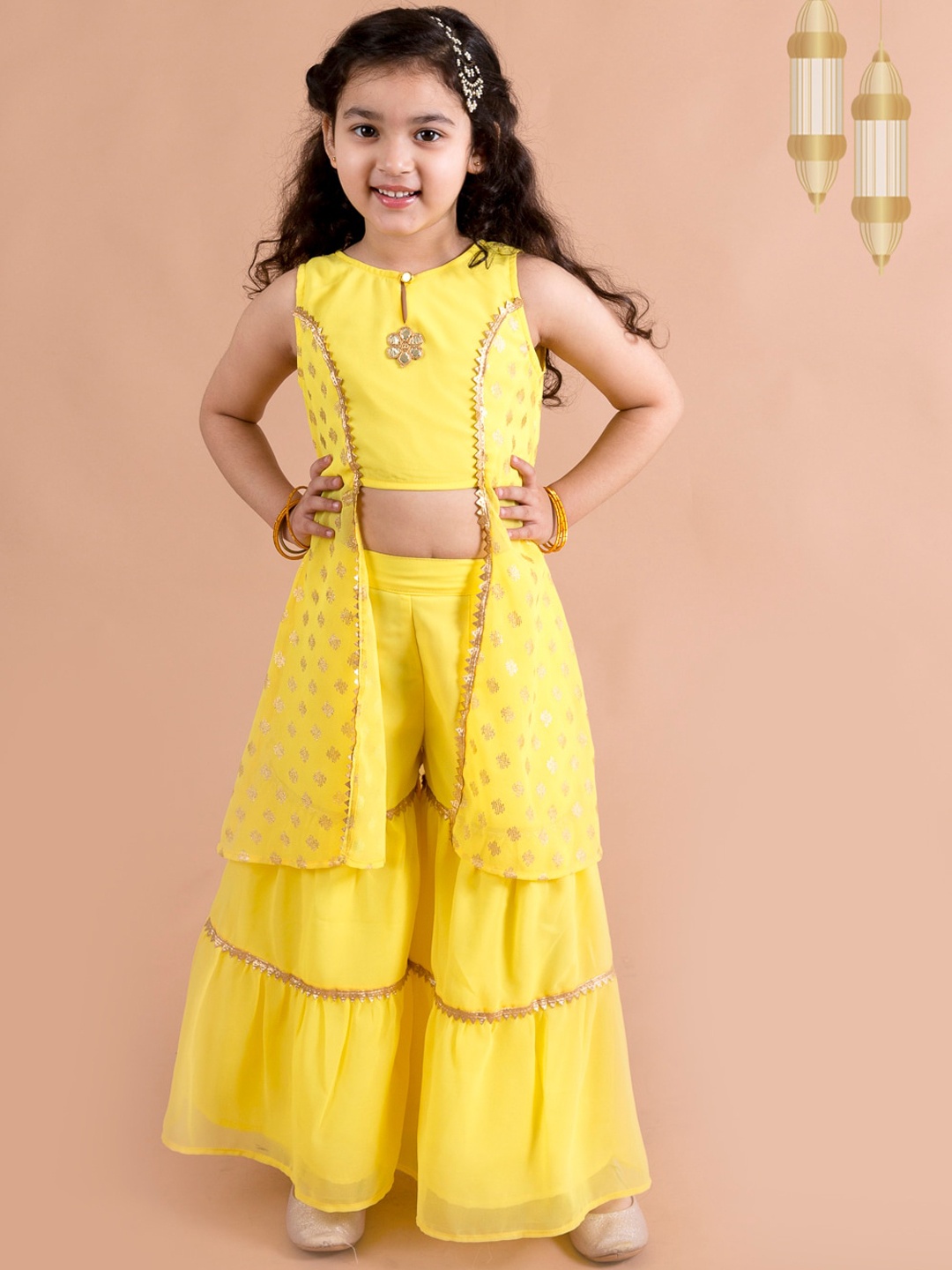 

pspeaches Girls Floral Embroidered Layered Gotta Patti Kurti with Sharara, Yellow