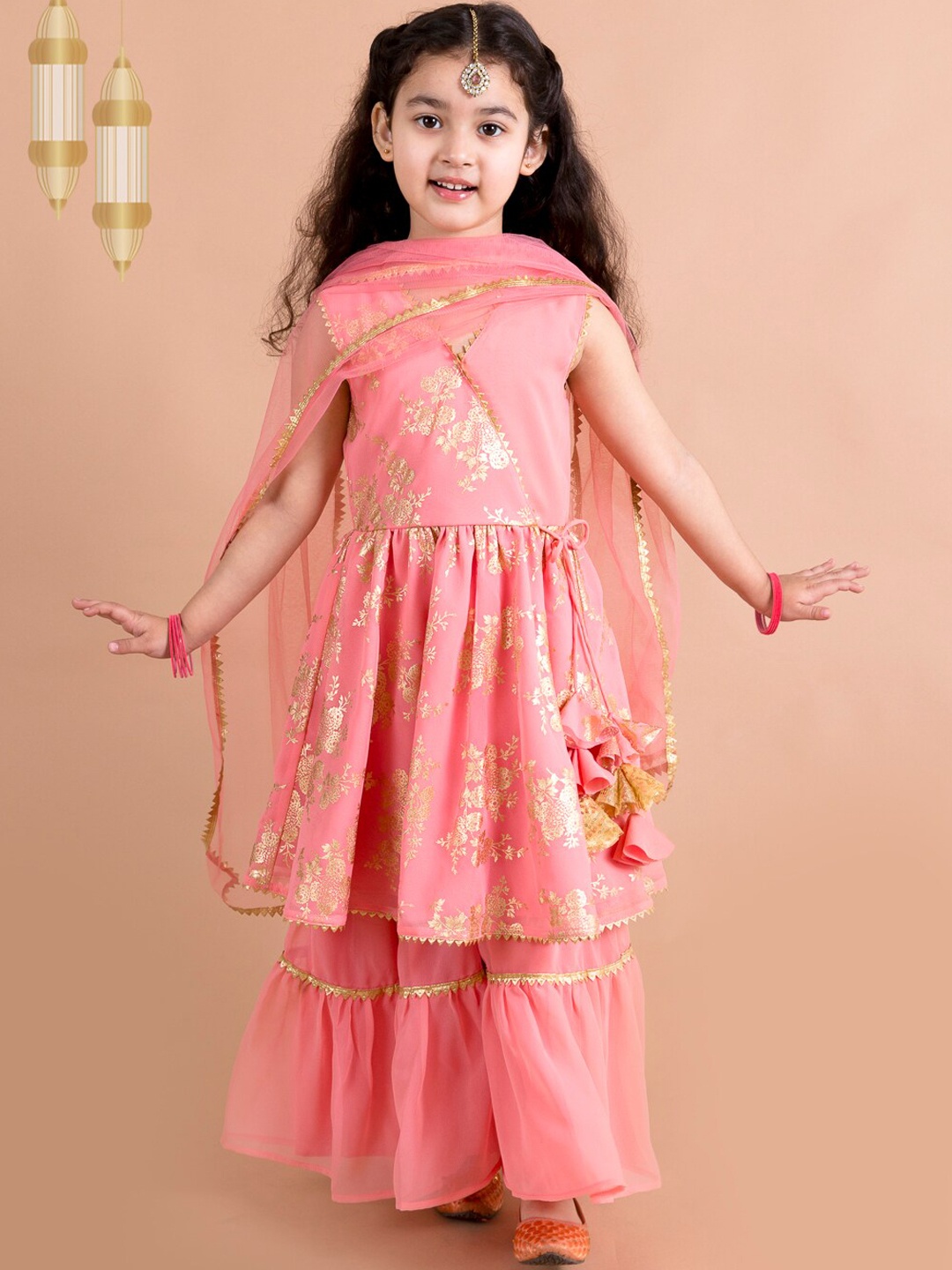 

pspeaches Girls Ethnic Motifs Printed Empire Kurta with Churidar & With Dupatta, Peach