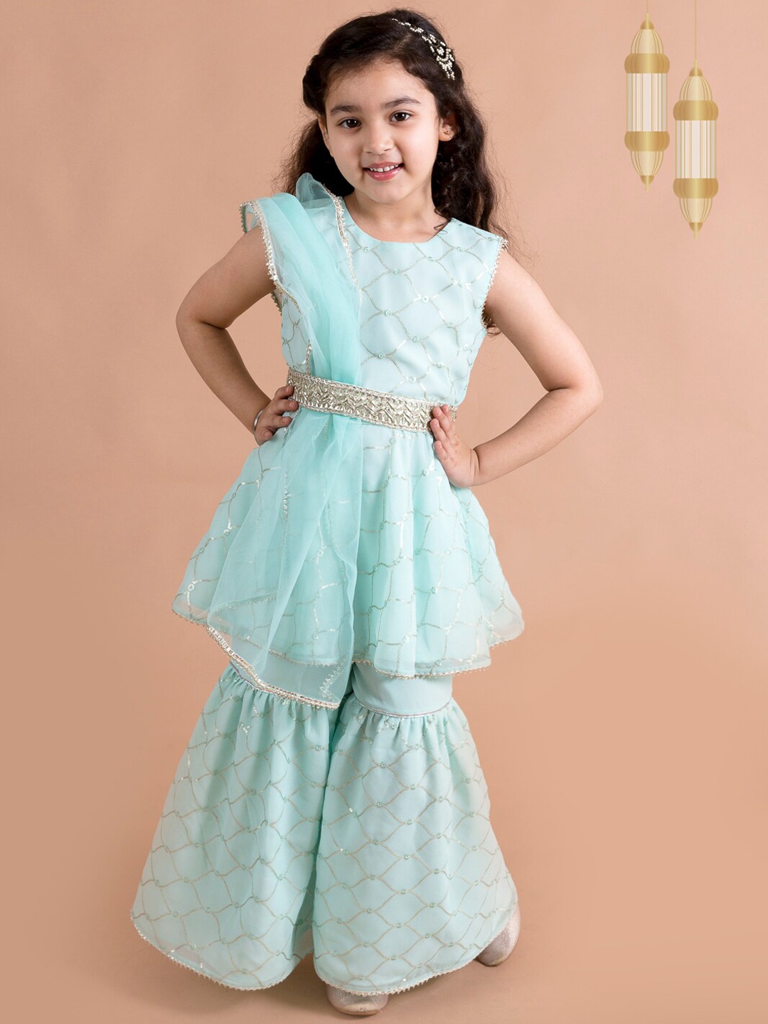 

pspeaches Girls Sequins Embellished Sleeveless Kurta With Sharara And Dupatta, Blue