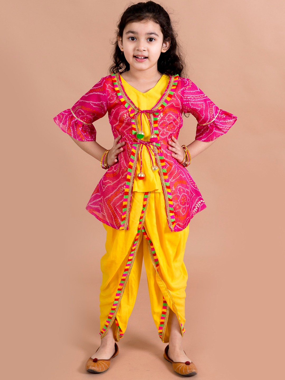 

pspeaches Girls Yellow Bandhani Embroidered High Slit Kurti with Dhoti Pants