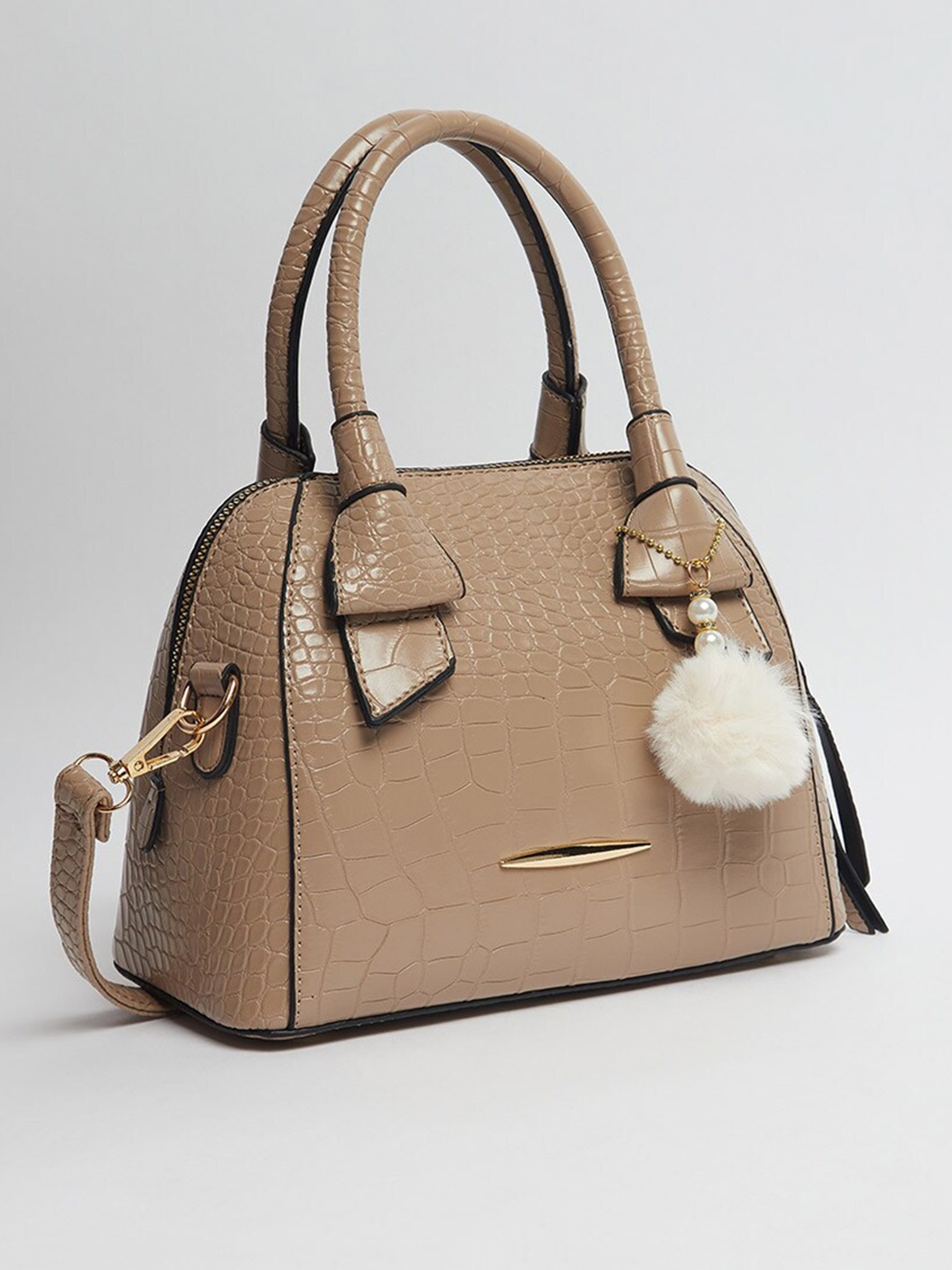 

Styli Beige Croc Textured Handbag with Detachable Strap