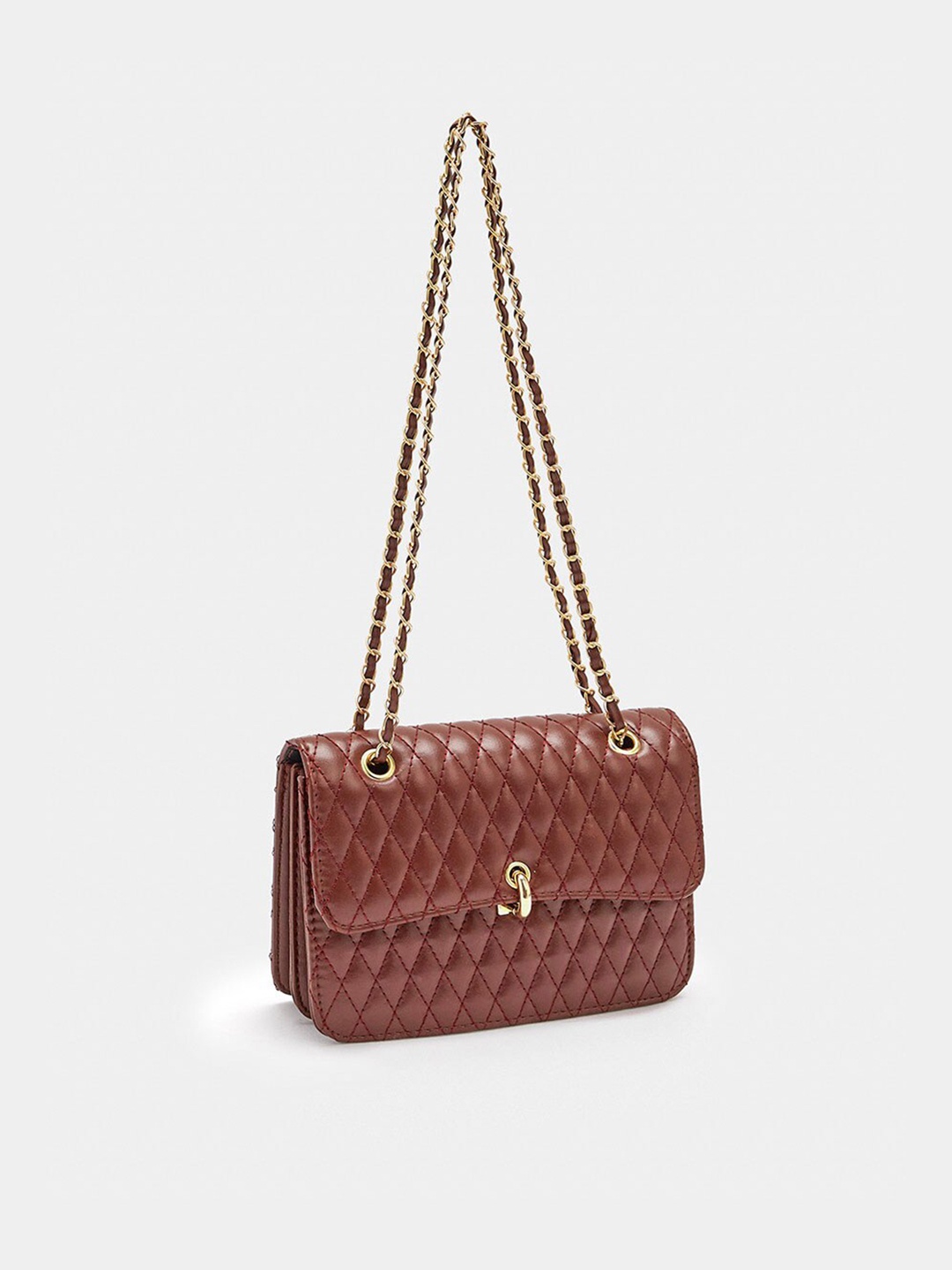 

Styli Brown Quilted Stitch Detail Shoulder Bag with Twist Lock Closure