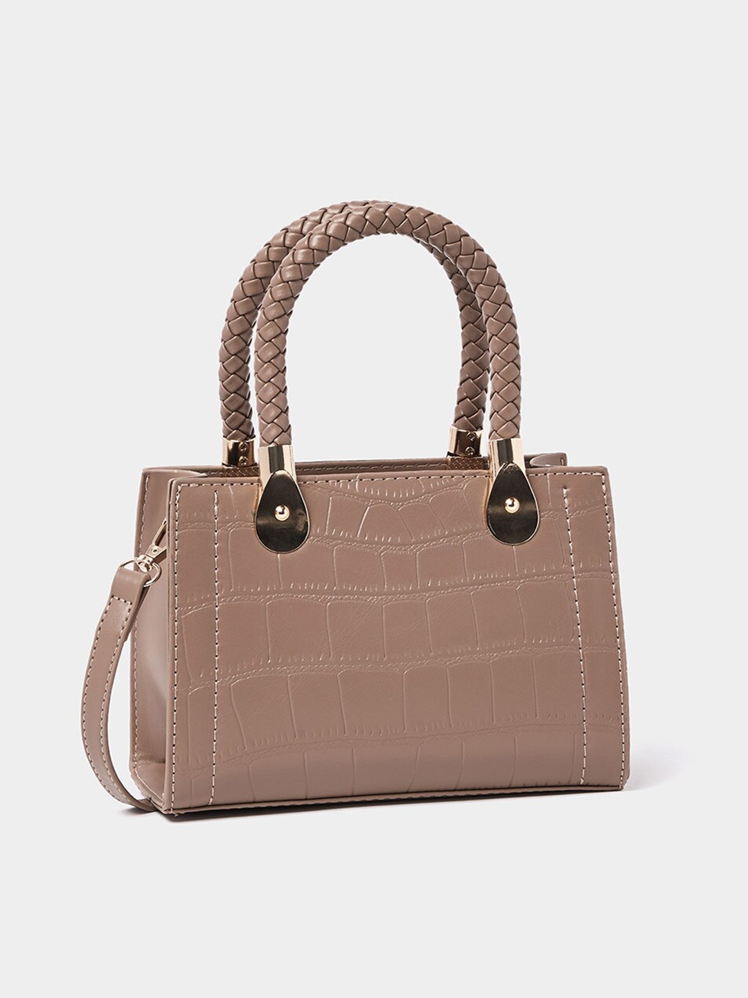 

Styli Tan Braided Handle Croc Textured Handbag
