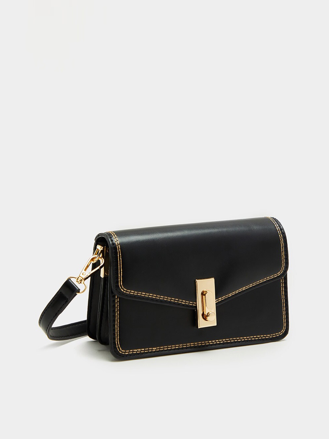 

Styli Women Solid Structured Sling Bag With Stitched Gold Detail, Black