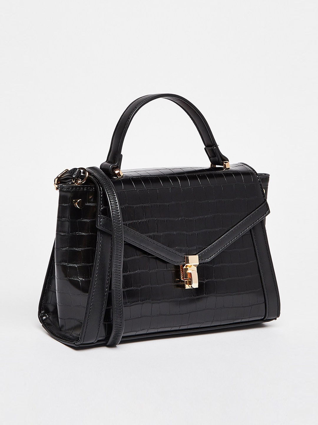 

Styli Women Black Textured Satchel Bag with Adjustable Strap