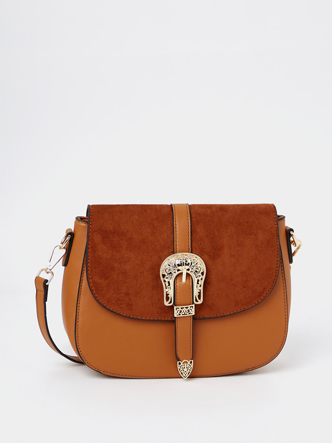 

Styli Women Brown Belt Buckle Front Flap Sling Bag