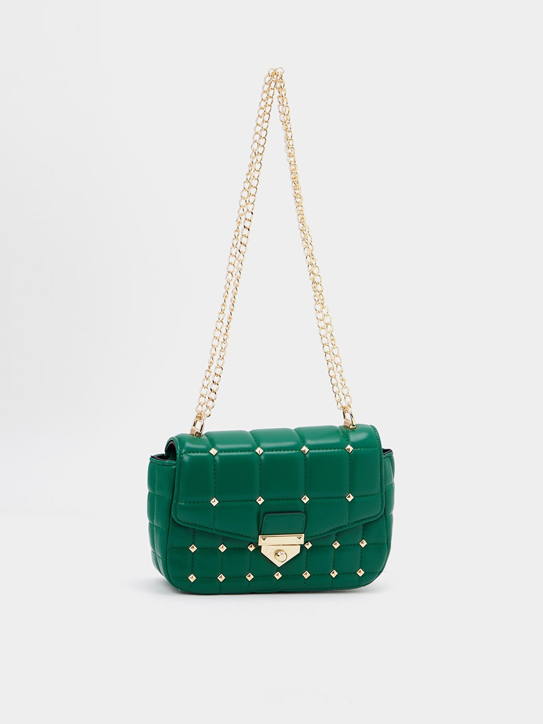 

Styli Women Studs Embellished Structured Shoulder Bag With Quilted Detail, Green