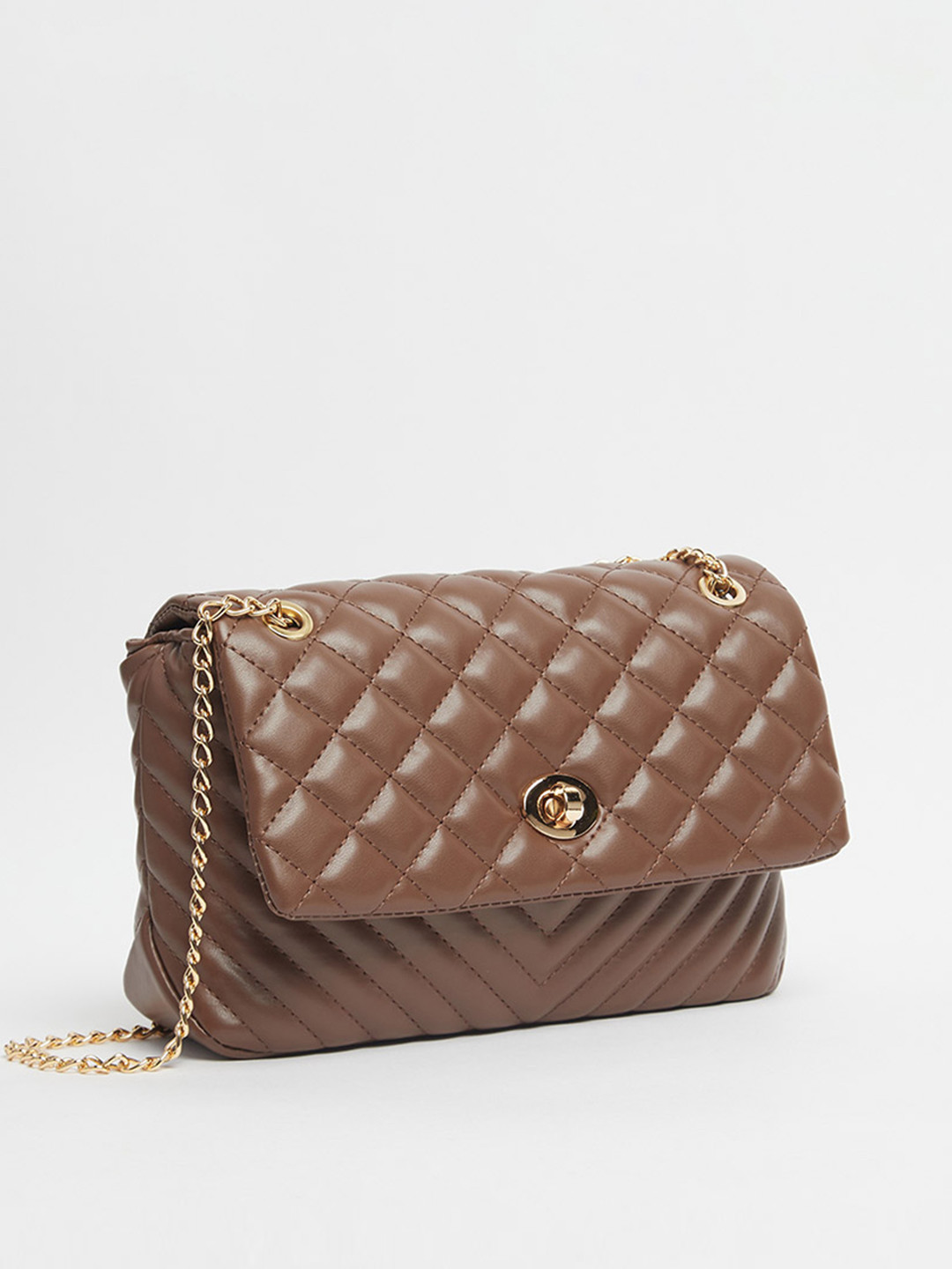 

Styli Quilted Flap Shoulder Bag with Chain Strap, Brown