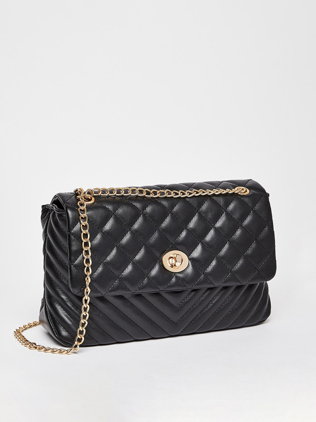 

Styli Black Quilted Crossbody Bag with Metallic Chain Strap
