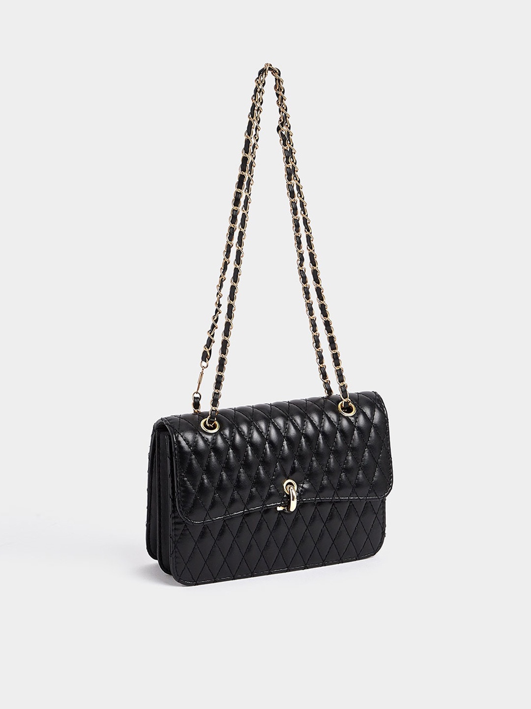 

Styli Women Geometric Textured Structured Shoulder Bag with Quilted Detail, Black