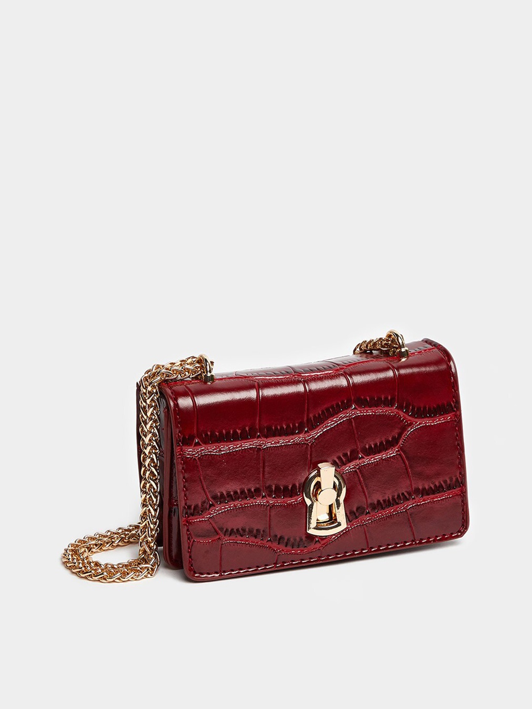 

Styli Women Burgundy Croc Textured Sling Bag with Twist Closure