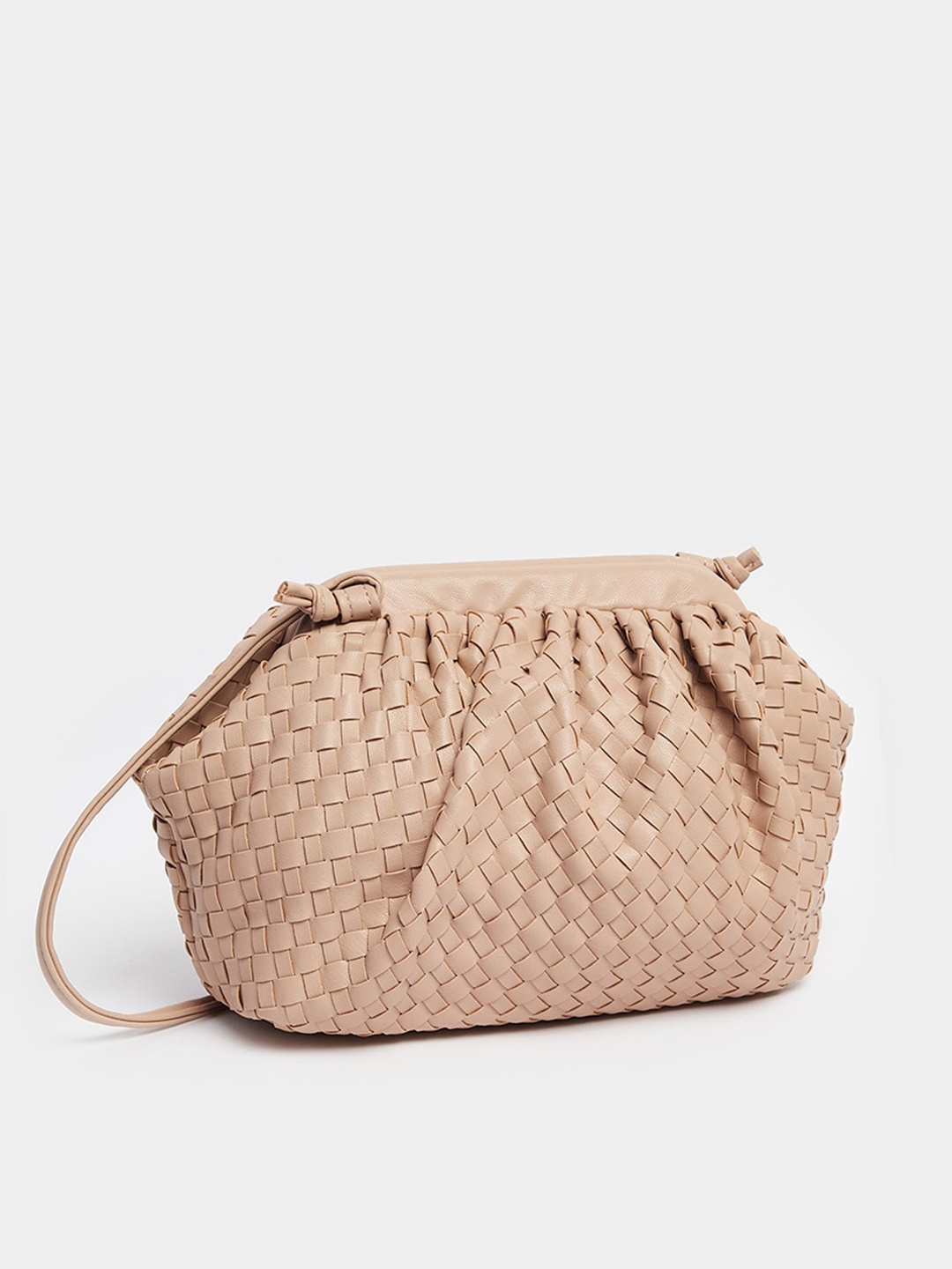 

Styli Women Basketweave Pattern Sling Bag with Long Strap, Beige