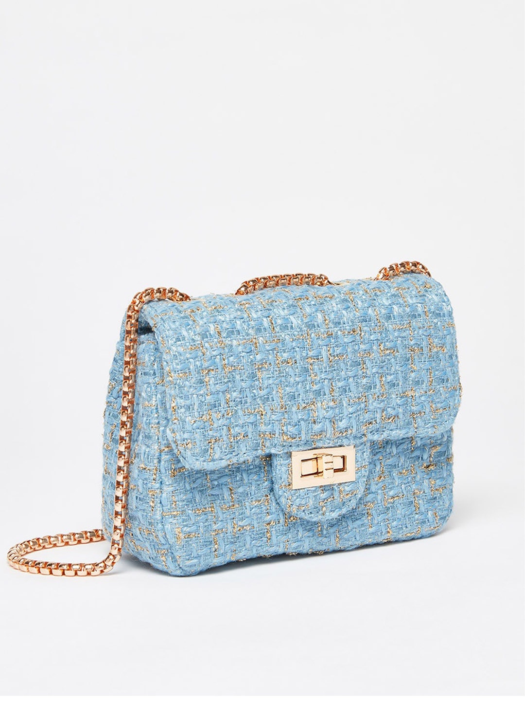 

Styli Tweed Crossbody Bag With Twist Lock and Chain Strap, Blue