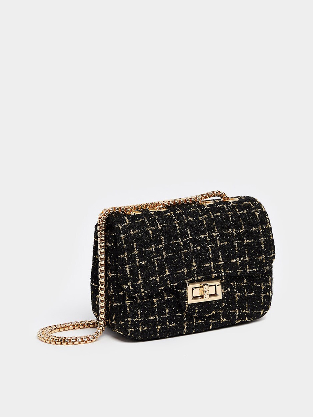 

Styli Women Black Tweed Mini Crossbody Bag with Twist Lock Closure