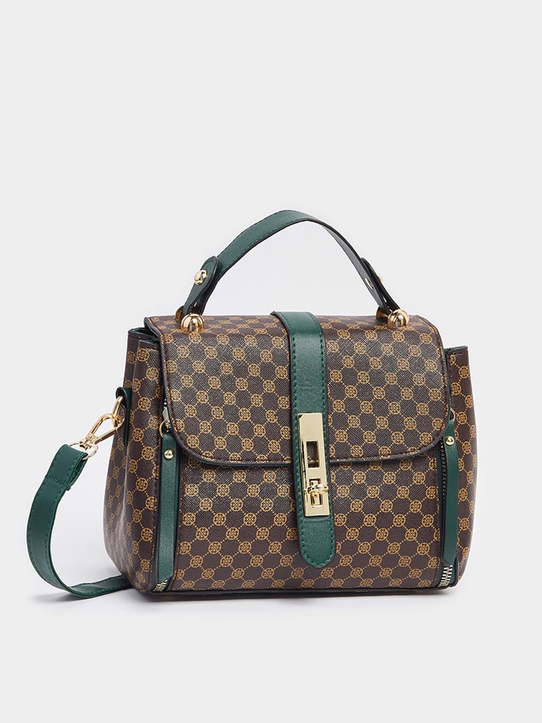 

Styli Women Green Twist Lock Graphic AOP Print Satchel Bag