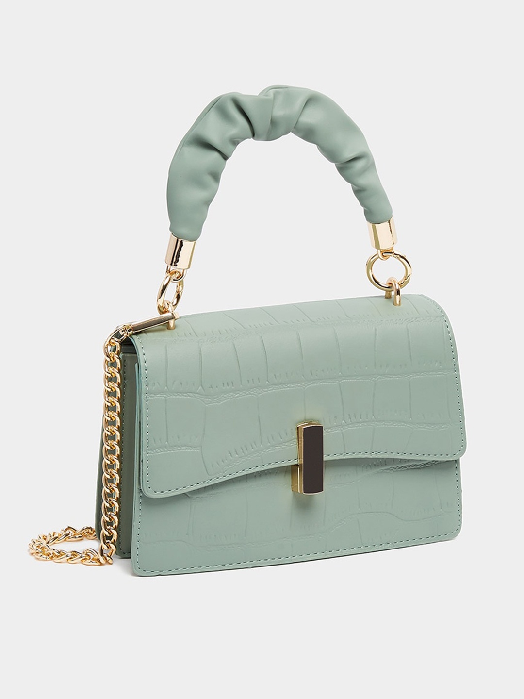 

Styli Women Green Textured Flap Over Satchel Handbag with Chain Strap