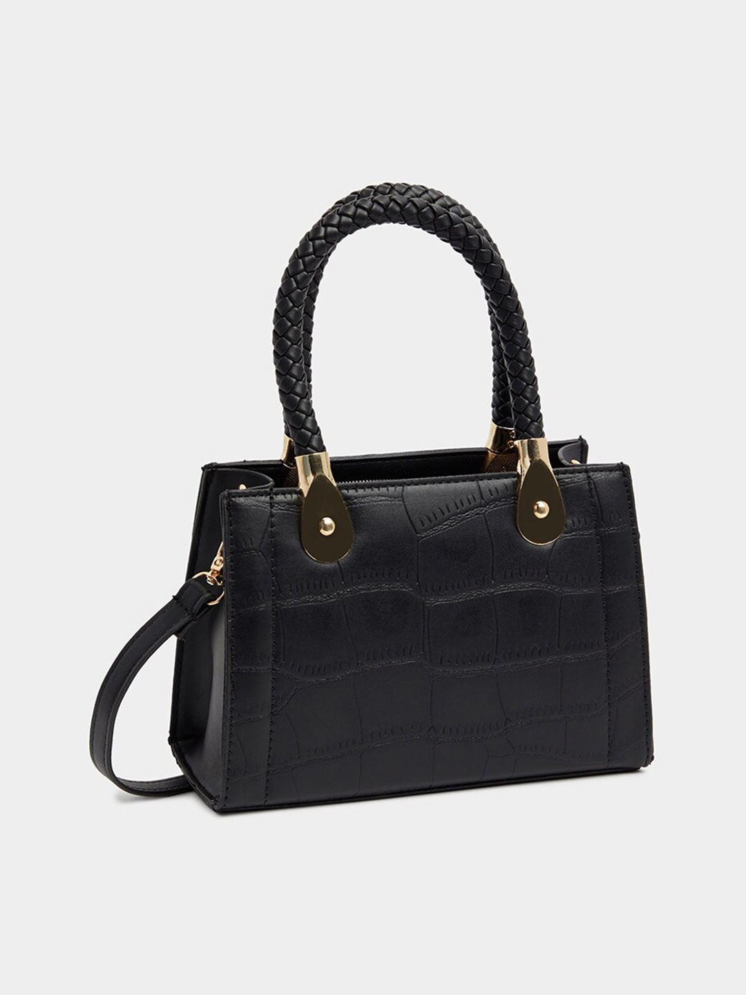 

Styli Women Black Braided Top Handle Croc Textured Handbag