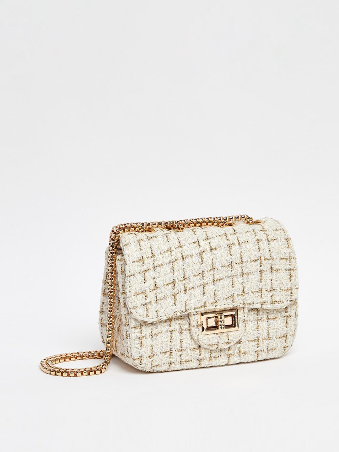 

Styli Women Beige Tweed Mini Sling Bag with Twist Lock Closure
