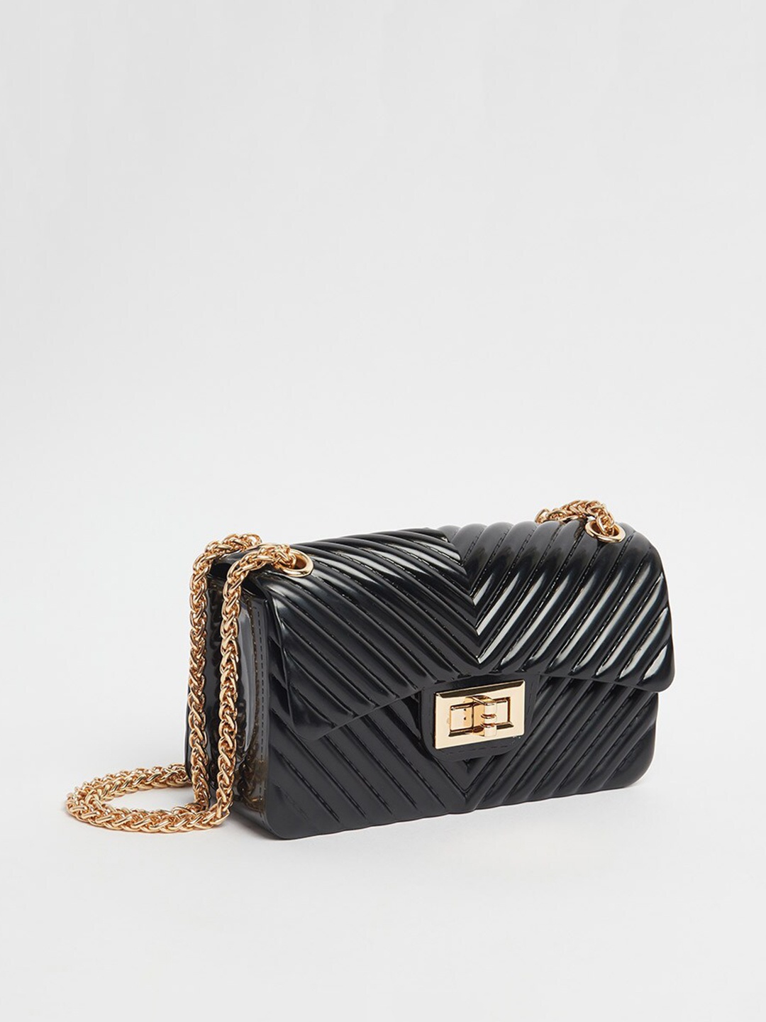 

Styli Black Textured Flap Over Shoulder Bag with Twist Closure