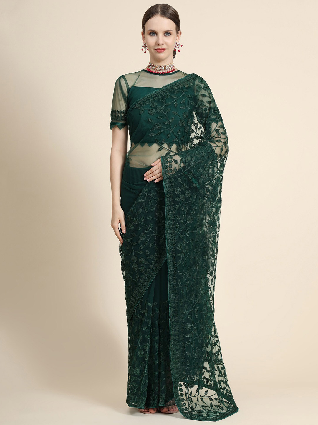 

ORUS Green Floral Embroidered Net Heavy Work Saree With Blouse Piece