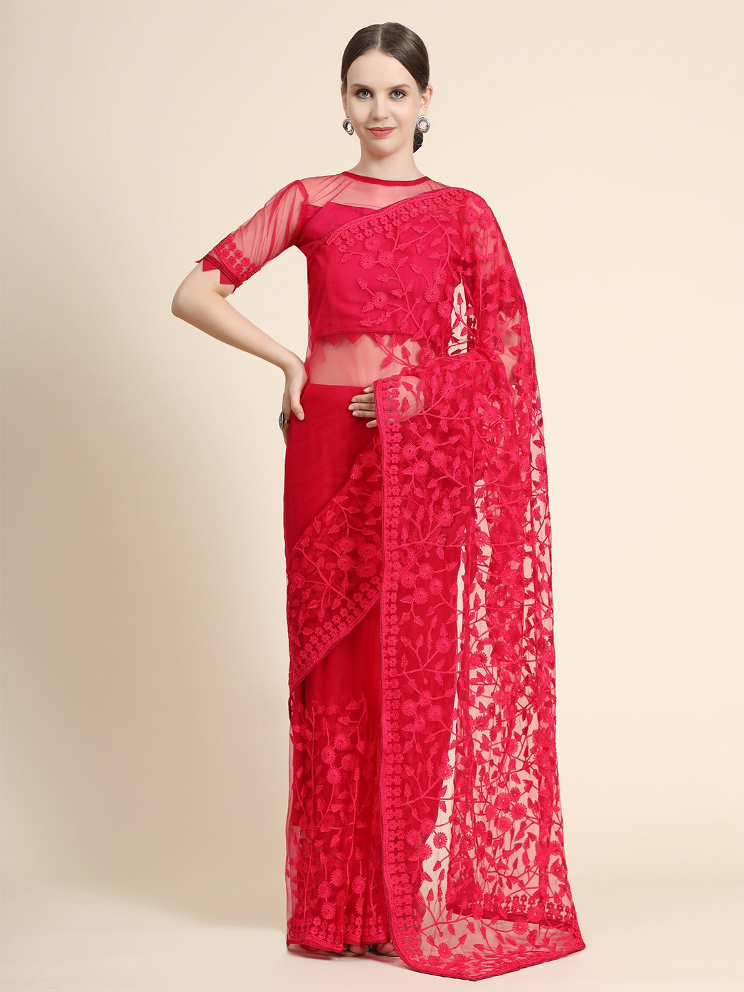 

ORUS Red Floral Embroidered Net Heavy Work Saree With Blouse Piece